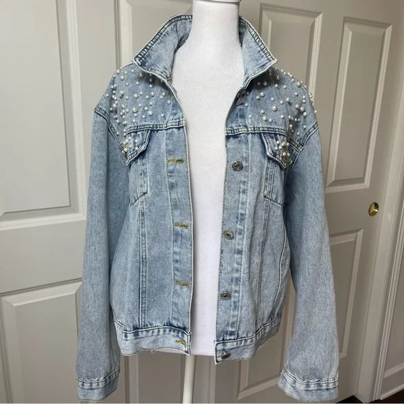 Pearl Embellished Denim Jean Jacket Button Front Long Sleeve Light Blue Wash - Picture 7 of 16